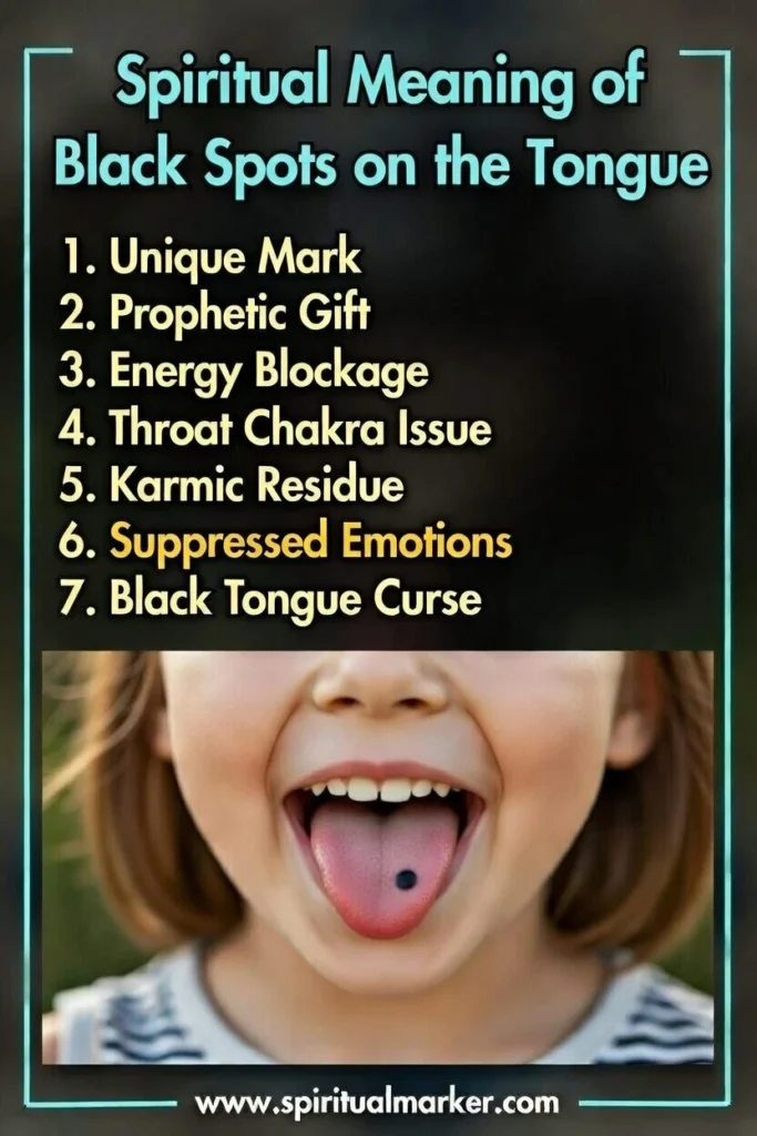 infographic showing spiritual meanings of black spots on the tongue